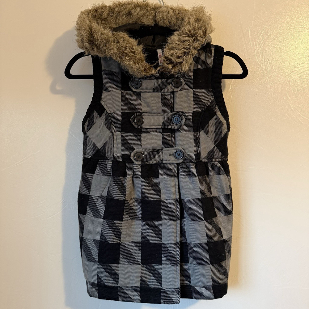 Y2K Bongo Hooded Button Front Vest Faux Fur Trim Black & Grey Size Medium